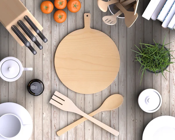 Keuken met tafel- en keukengerei. — Stockfoto