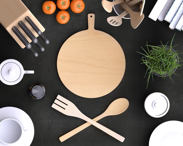 Cocina con mesa y utensilios de cocina . —  Fotos de Stock
