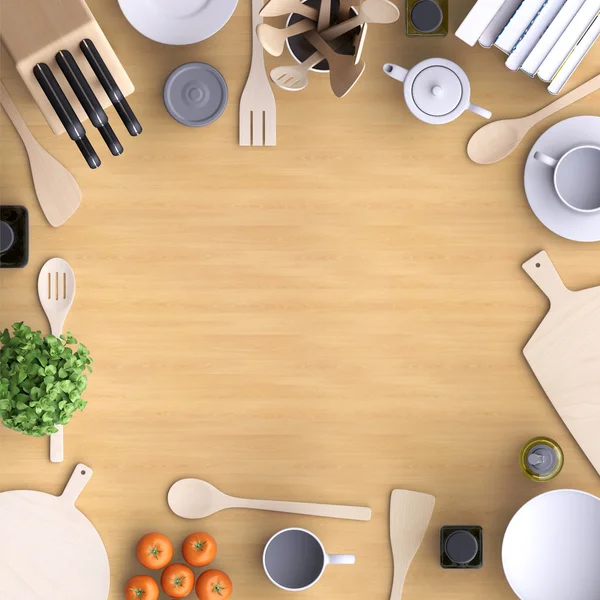 Cocina con mesa y utensilios de cocina . — Foto de Stock
