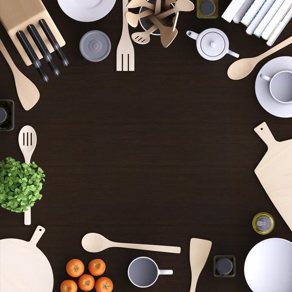 Keuken met tafel- en keukengerei. — Stockfoto