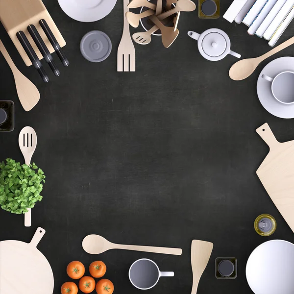 Keuken met tafel- en keukengerei. — Stockfoto