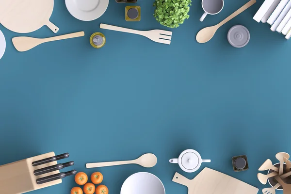 Küche mit Tisch und Geschirr. — Stockfoto