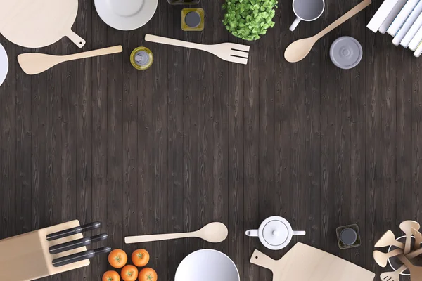 Kuchyně s tabulkou a nádobí. — Stock fotografie