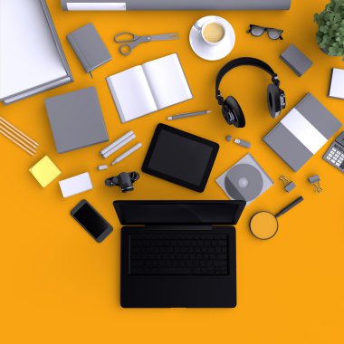 Çeşitli boş office nesneleri ile dizüstü bilgisayar.