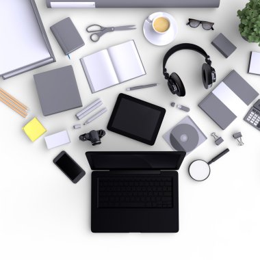 Çeşitli boş office nesneleri ile dizüstü bilgisayar.