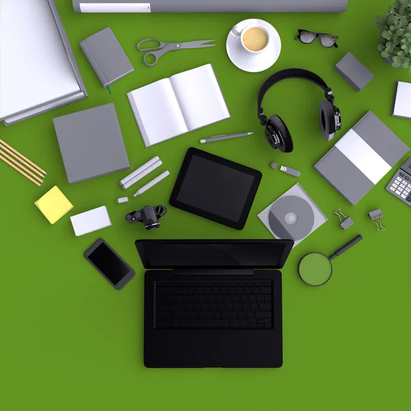 Laptop with variety blank office objects. — Stock Photo, Image