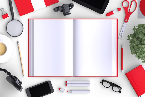 Libro abierto con objetos de oficina y dispositivos modernos en blanco . — Foto de Stock