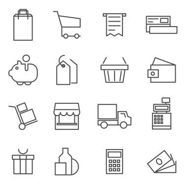 E-ticaret, alışveriş, mağaza, ticaret seti ince çizgi simgeleri.