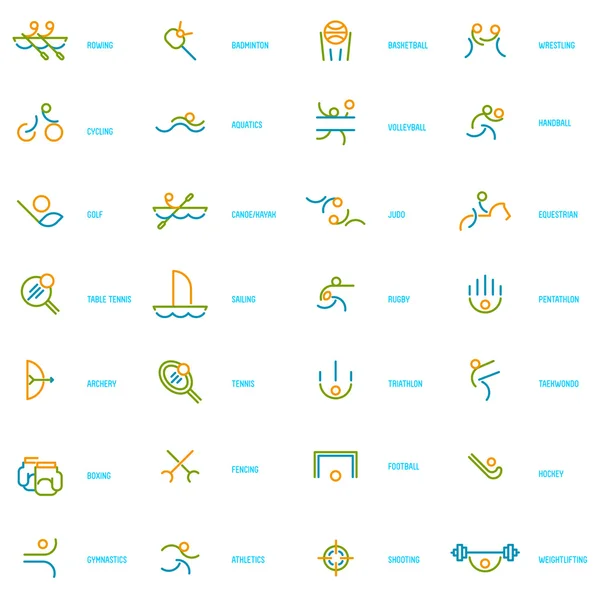 Dunne lijn icons set van zomer sport Spelletjes. — Stockvector