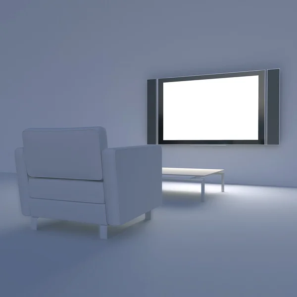 Cadeira branca com TV e mesa — Fotografia de Stock