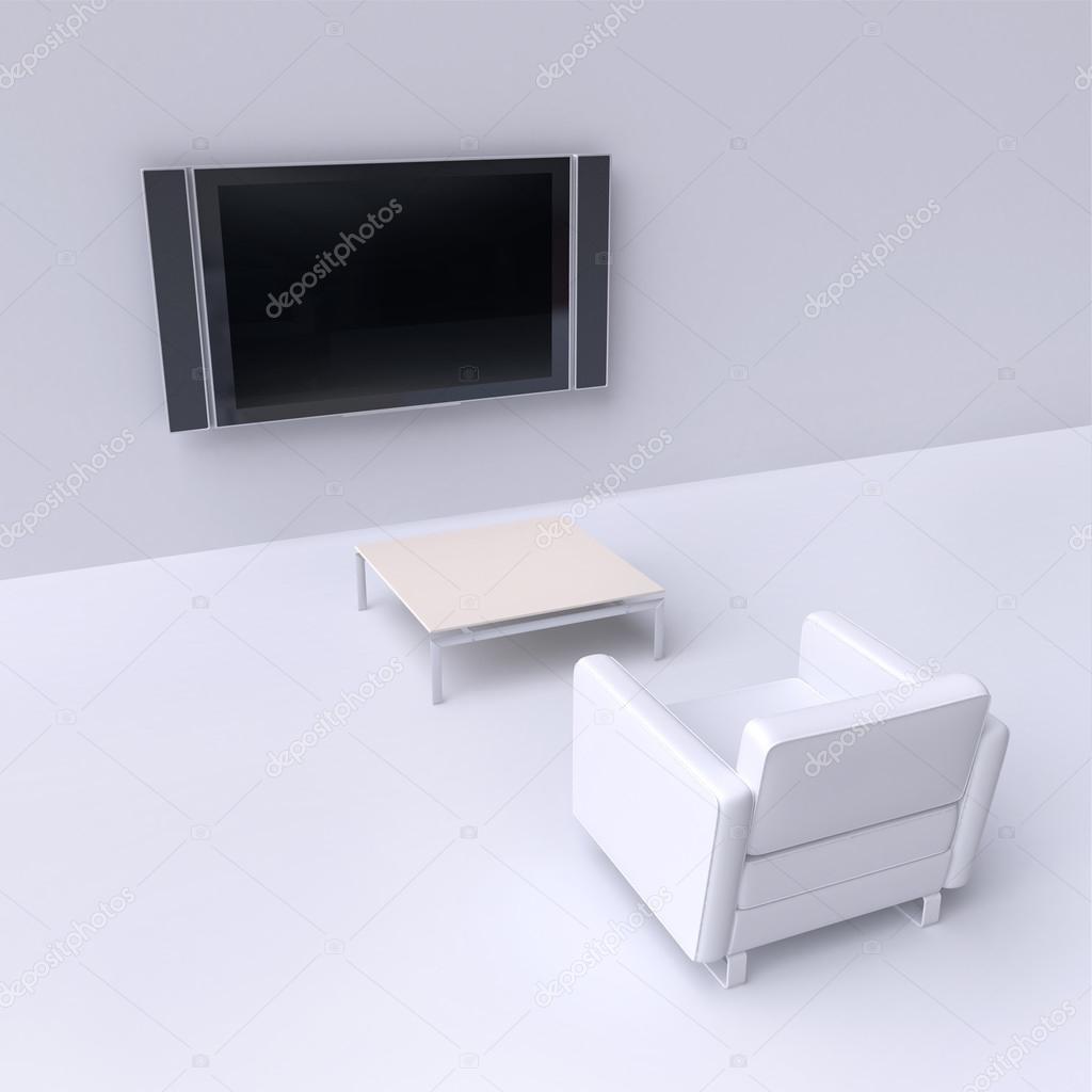 White chair with TV and table
