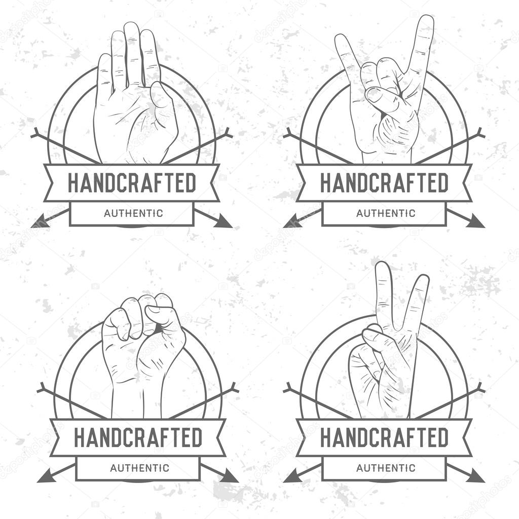 Retro vintage badge, symbol or logotype with hand set. For design elements, business signs, logos, identity, labels, badges and objects.