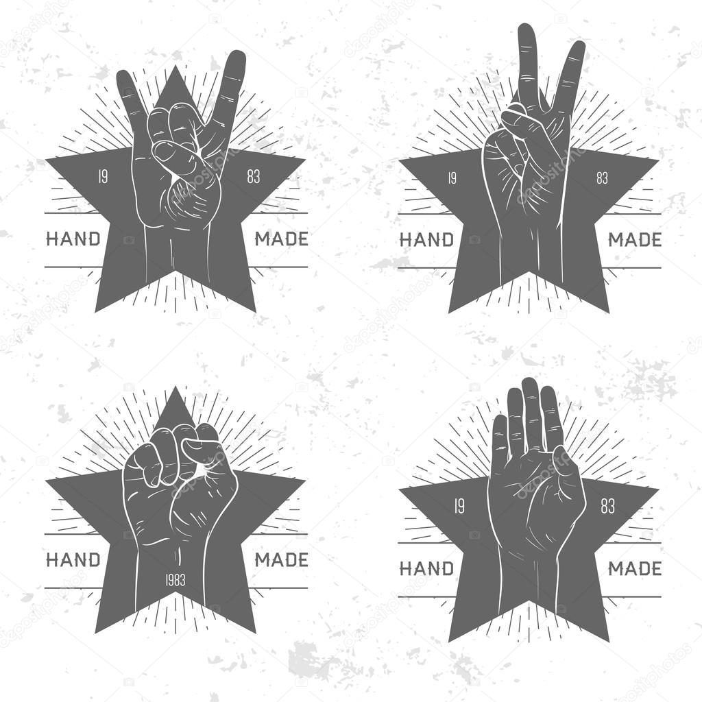 Retro vintage badge, symbol or logotype with hand set. For design elements, business signs, logos, identity, labels, badges and objects.