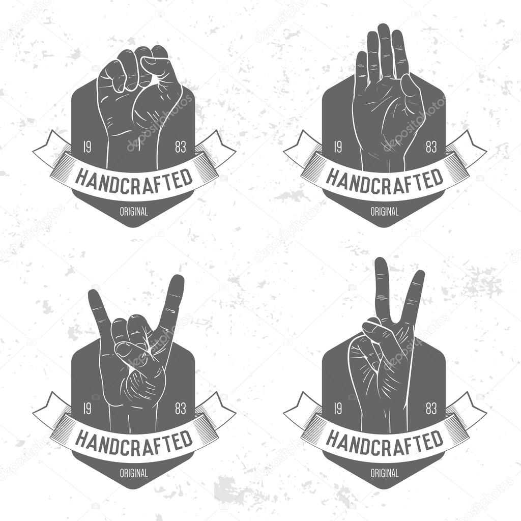 Retro vintage badge, symbol or logotype with hand set. For design elements, business signs, logos, identity, labels, badges and objects.