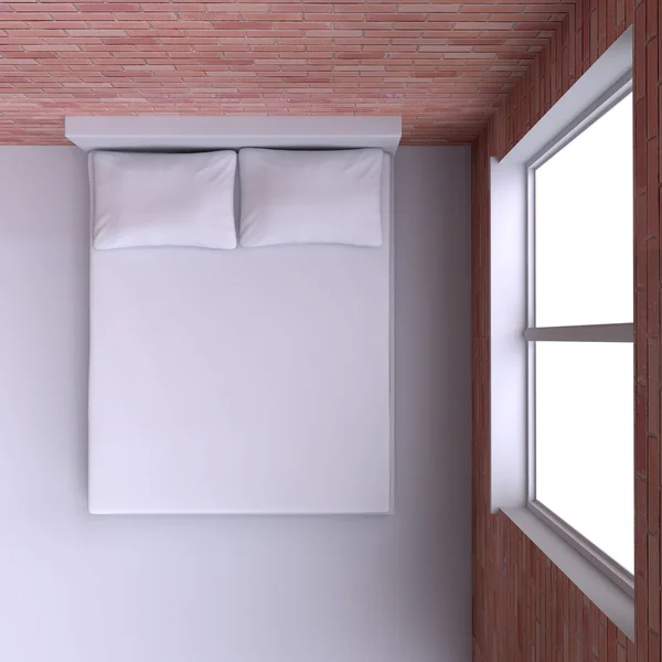 Cama com travesseiros no quarto na janela — Fotografia de Stock