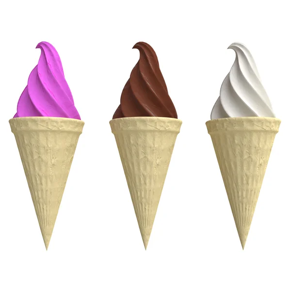 Chocolade, witte en roze ijs in een wafel-cups — Stockfoto