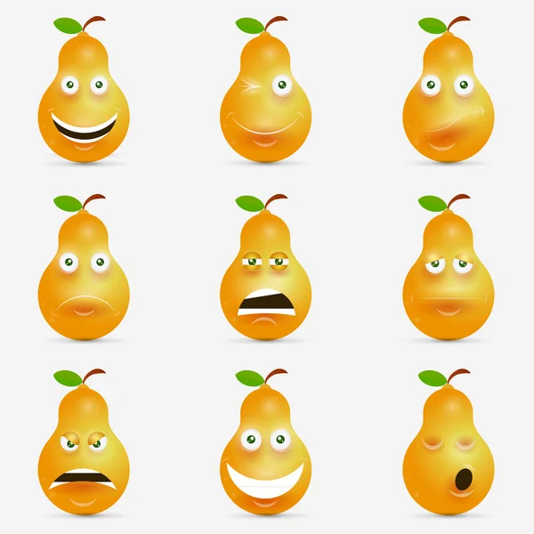 Iconos de la colección de frutas de dibujos animados con expresión facial, conjunto de pera, comer concepto saludable, ilustración vectorial — Archivo Imágenes Vectoriales