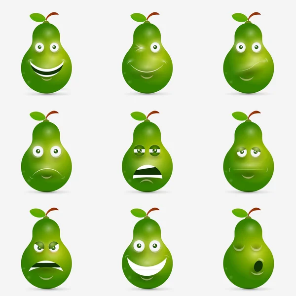 Cartoon Früchte Sammlung Symbole mit Gesichtsausdruck, Birnen-Set, gesunde Ernährung Konzept, Vektorillustration — Stockvektor
