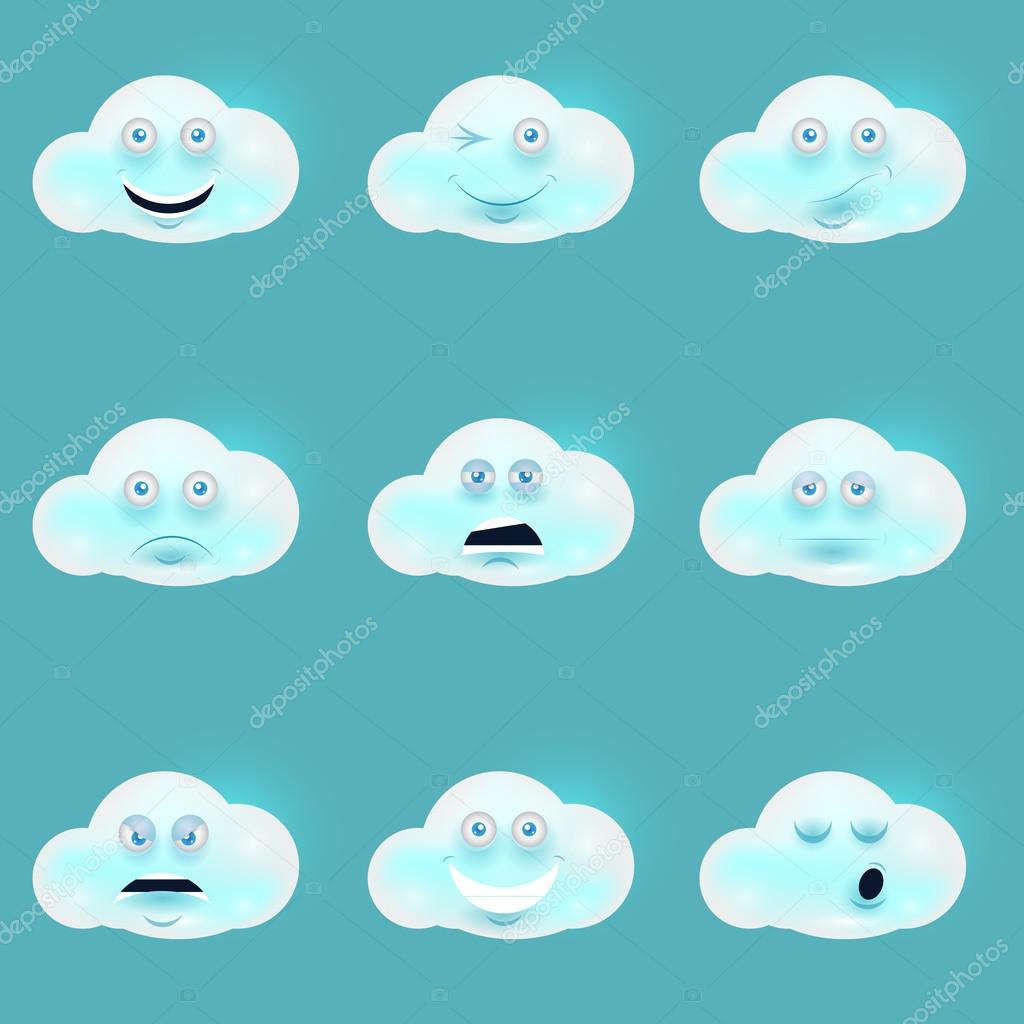 Cartoon funny white clouds set, muzzle with pink cheeks and winking eyes.