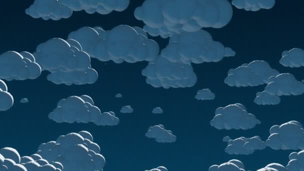 Cartoon vliegende wolken in de nachtelijke hemel. 3D-animatie met alpha-mat kanaal. — Stockvideo
