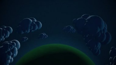Bulutlar gece uçan ile karikatür yeşil gezegen.
