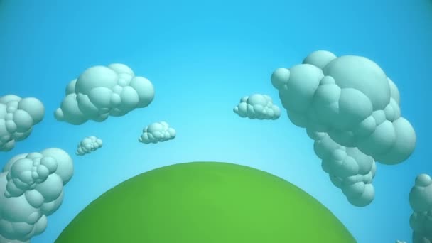 Dibujos animados planeta verde con nubes voladoras . — Vídeos de Stock