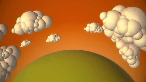 Cartoon grön planet med flygande moln i kväll. — Stockvideo