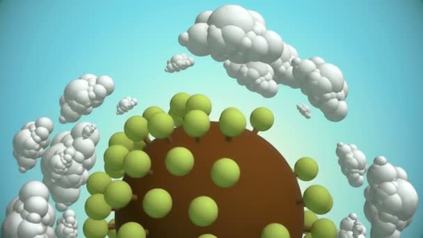 Cartoon planeet met boom en vliegende wolken. — Stockvideo