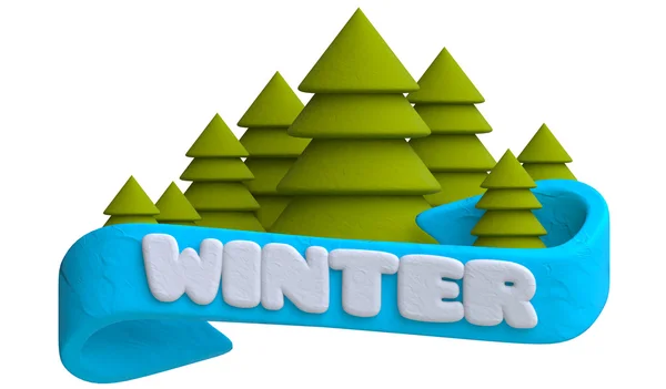 Lettering winter on the blue ribbon with Christmas trees in plasticine or clay style. — Stock Photo, Image