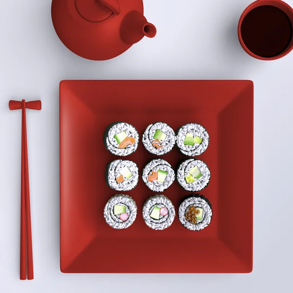 Piatto con sushi e bacchette — Foto Stock