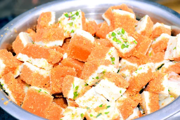 Famous Indian Sweets Placed Steel Plates Made Milk Selective Focus — Stock Photo, Image