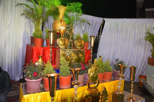 Indischer Hochzeitsempfang Dekoration Offenen Garten Bei Nacht — Stockfoto