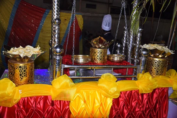 Décoration Réception Mariage Indien Dans Jardin Ouvert Nuit — Photo