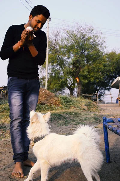 Індійська Модель Фотографування Білим Собакою Цуценям — стокове фото