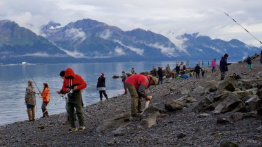 İnsanlar balıkçı somon diriliş Bay Seward içinde