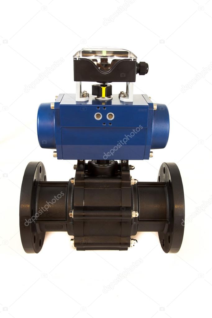 Pneumatic industrial valve with actuator on isolated white background