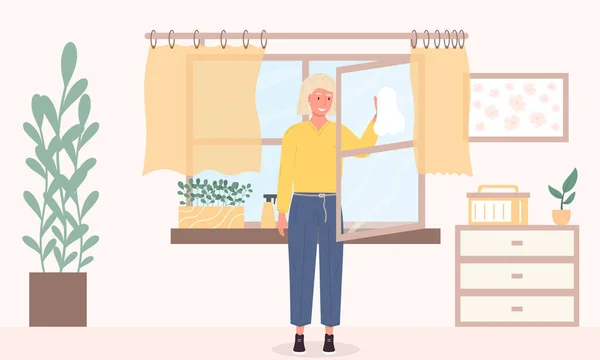 Μια γυναίκα, νοικοκυρά ή οικονόμος πλένει τα παράθυρα — Διανυσματικό Αρχείο