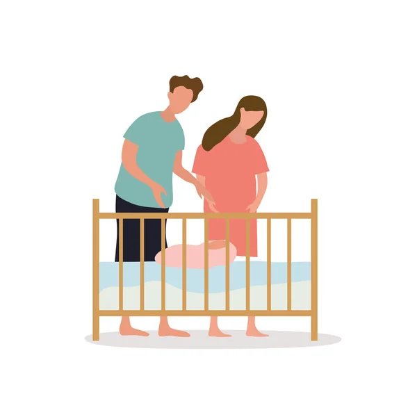 Родители кладут ребенка в кроватку — стоковый вектор