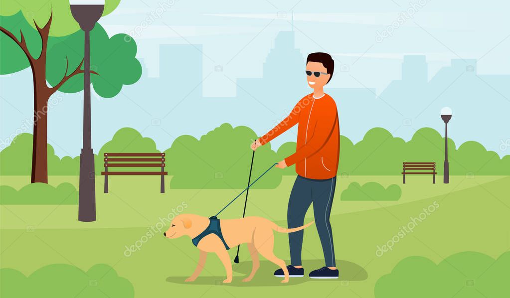 A blind man walking in the park
