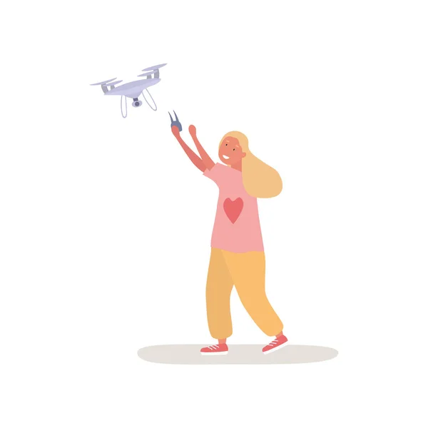 Chica jugando con quadcopter — Vector de stock