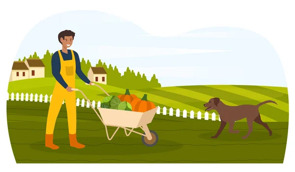 Agricultor con carretilla llena de verduras frescas — Vector de stock