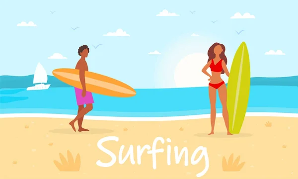 Pareja en la costa de la isla de arena con tablas de surf — Vector de stock