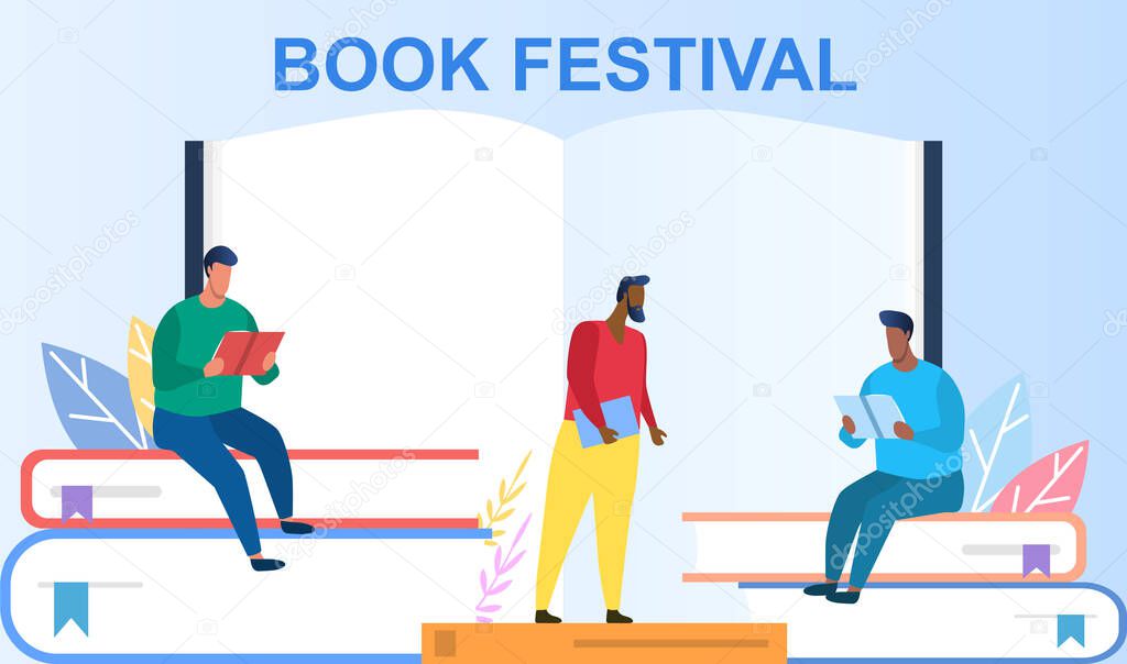 Book festival concept. Multiracial men reading books