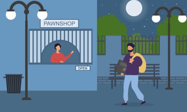 Thief bringing stolen items to pawnbroker for sale clipart