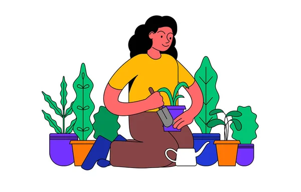 Girl planting flowers and plants in pot — Stock Vector