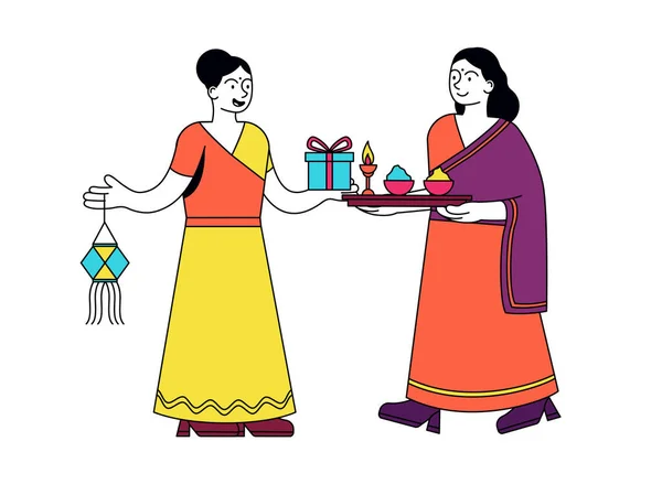Wanita India memberikan hadiah pada Festival Diwali - Stok Vektor