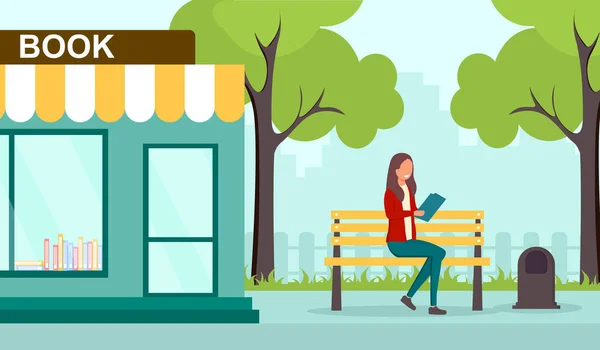 Egy lány ül egy padon egy könyvesbolt mellett. — Stock Vector