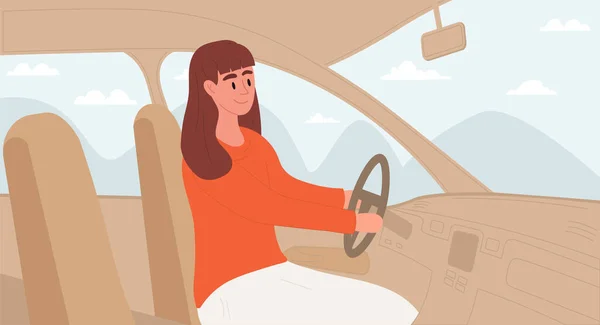 Kvinna som kör och reser i bil — Stock vektor