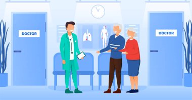 Yaşlı adam ve kadın tıbbi randevuda.