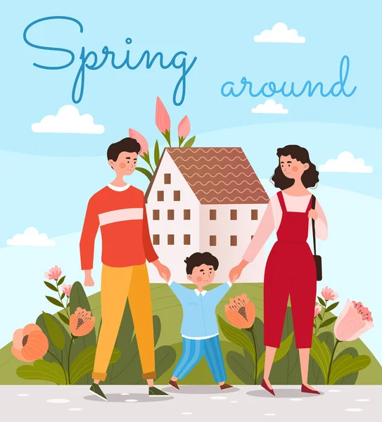 Happy family walking together at spring season — Stock Vector